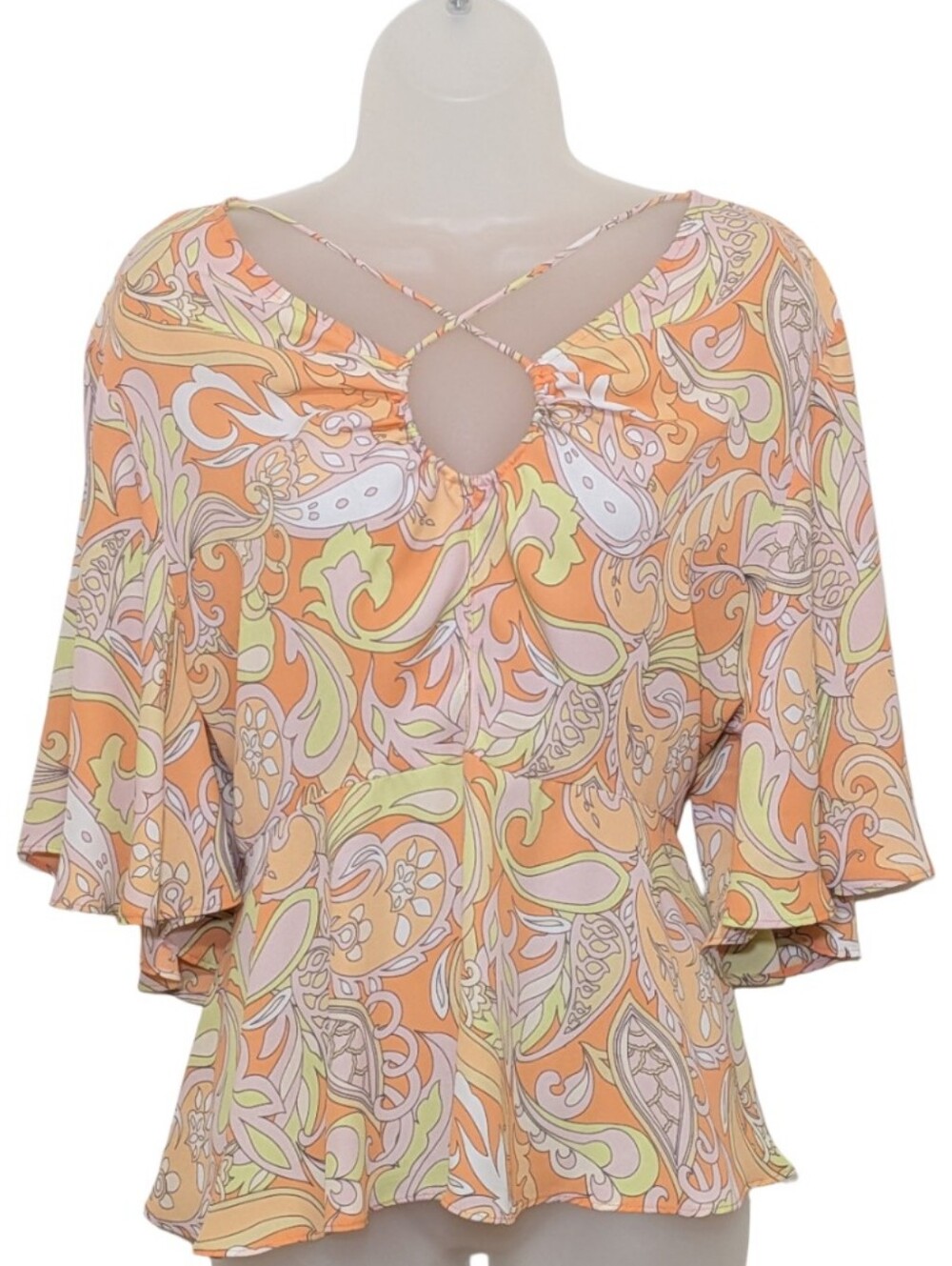 Cato | Orange Paisley Keyhole Flutter Blouse | Bohemian | Shabby Chic | Funky